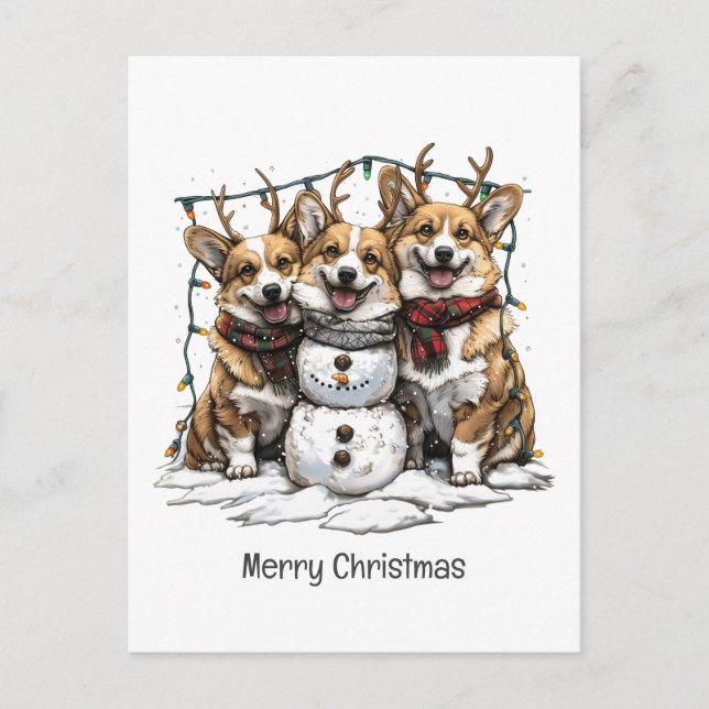 Merry Christmas Corgi Dogs Snowman Holiday Postcard (Front)