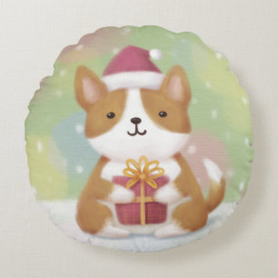Merry Christmas: Corgi Illustration Art Round Pillow