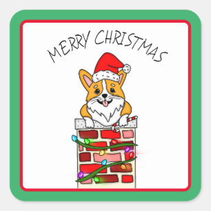 Merry Christmas Corgi in Chimney with Lights Square Sticker