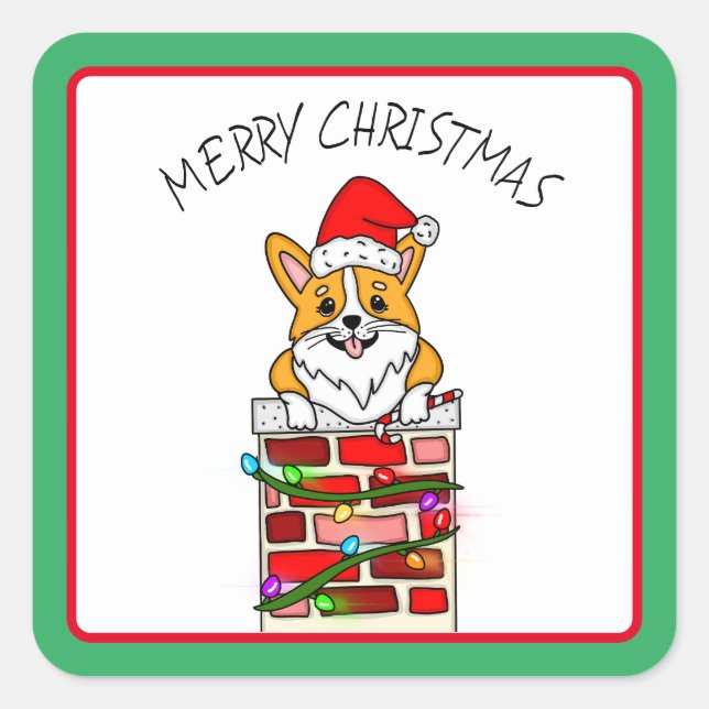 Merry Christmas Corgi in Chimney with Lights Square Sticker (Front)