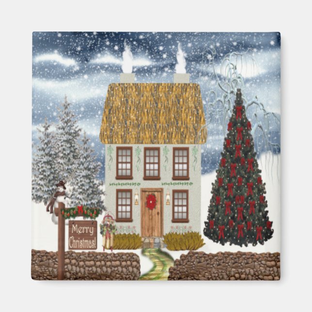 Merry Christmas Cottage Magnet (Front)