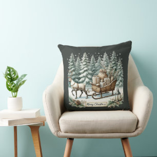 Merry Christmas Country reindeer sleigh Throw Pillow