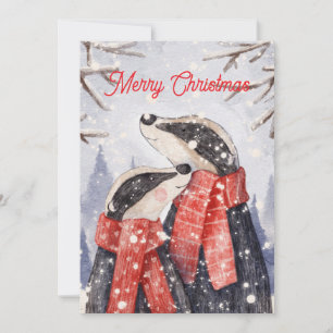 Merry Christmas Couple Badger Illustration Holiday Card