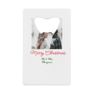 Merry Christmas couple photo add name happy holida Credit Card Bottle Opener