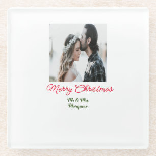 Merry Christmas couple photo add name happy holida Glass Coaster