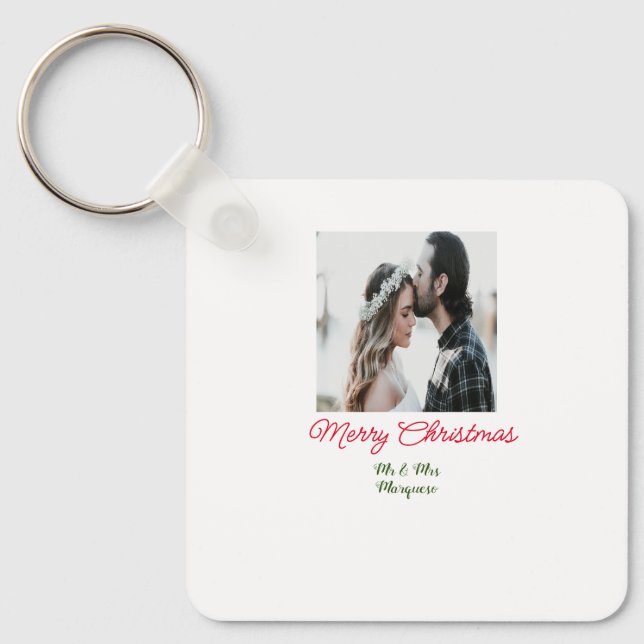 Merry Christmas couple photo add name happy holida Keychain (Front)