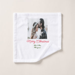 Merry Christmas couple photo add name happy holida Wash Cloth