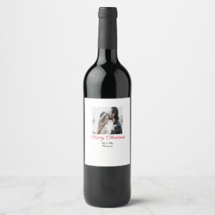 Merry Christmas couple photo add name happy holida Wine Label