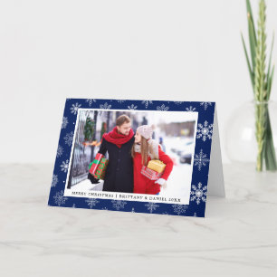 Merry Christmas Couple Photo Snowflakes Blue Holiday Card