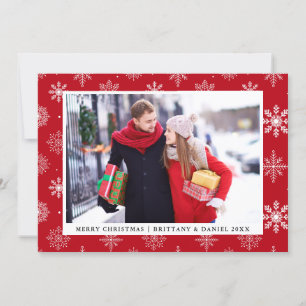 Merry Christmas Couple Photo Snowflakes Red Card