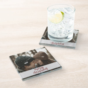 Merry Christmas Couples Photo Glass Coaster