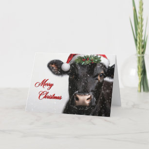 Merry Christmas Cow in Santa Hat Rustic Farmhouse  Holiday Card