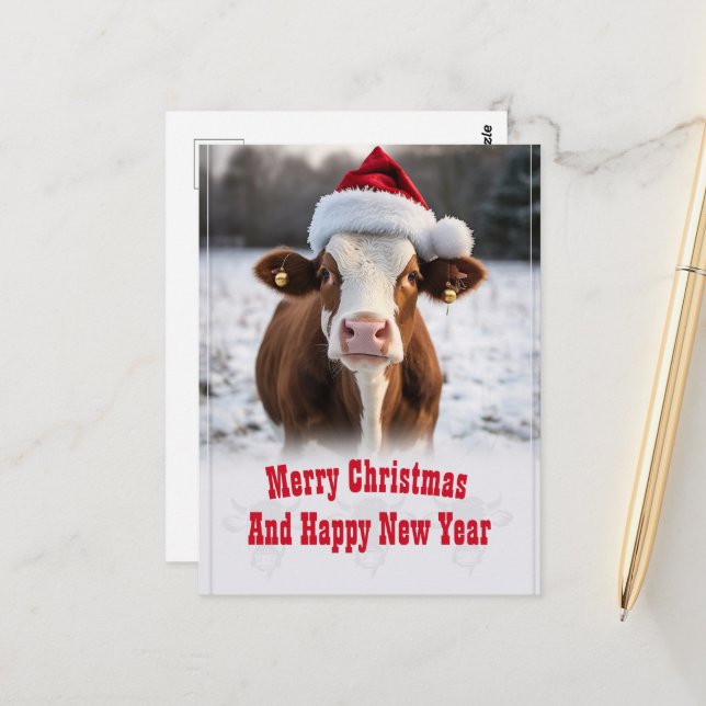 Merry Christmas Cow Postcard (Front/Back In Situ)