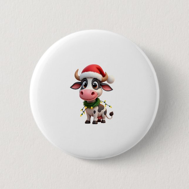 Merry Christmas Cow Santa Christmas Lights Cow Xma 2 Inch Round Button (Front)