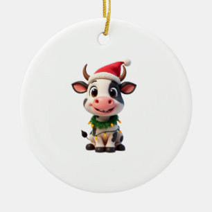 Merry Christmas Cow Santa Christmas Lights Cow Xma Ceramic Ornament