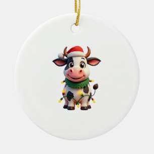 Merry Christmas Cow Santa Christmas Lights Cow Xma Ceramic Ornament