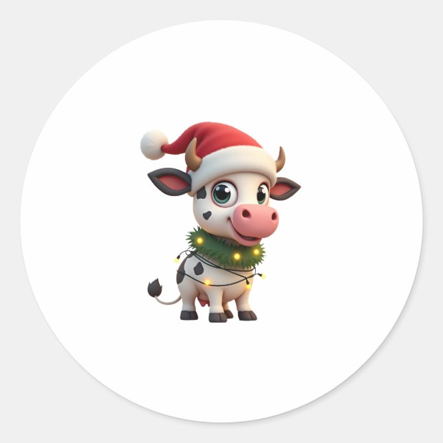 Merry Christmas Cow Santa Christmas Lights Cow Xma Classic Round Sticker (Front)