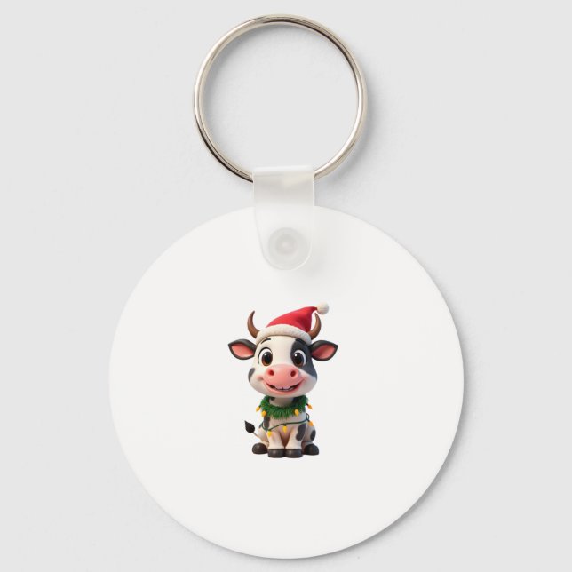 Merry Christmas Cow Santa Christmas Lights Cow Xma Keychain (Front)