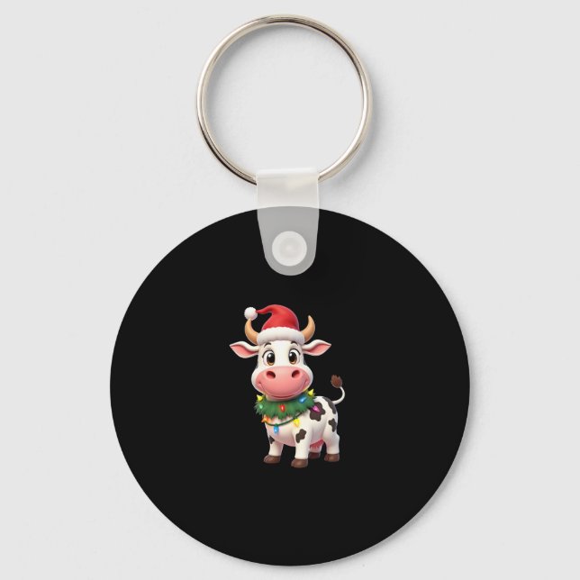 Merry Christmas Cow Santa Christmas Lights Cow Xma Keychain (Front)