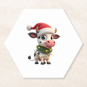 Merry Christmas Cow Santa Christmas Lights Cow Xma Paper Coaster