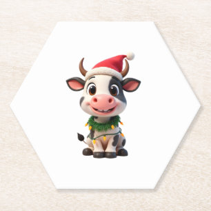 Merry Christmas Cow Santa Christmas Lights Cow Xma Paper Coaster