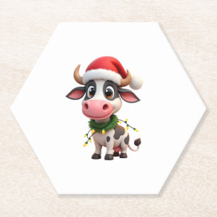 Merry Christmas Cow Santa Christmas Lights Cow Xma Paper Coaster