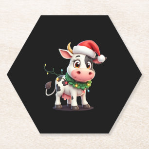 Merry Christmas Cow Santa Christmas Lights Cow Xma Paper Coaster