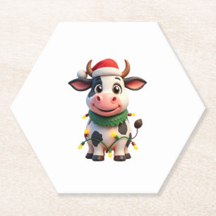 Merry Christmas Cow Santa Christmas Lights Cow Xma Paper Coaster
