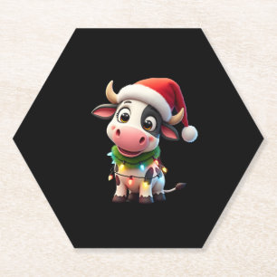 Merry Christmas Cow Santa Christmas Lights Cow Xma Paper Coaster