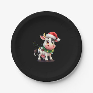 Merry Christmas Cow Santa Christmas Lights Cow Xma Paper Plate
