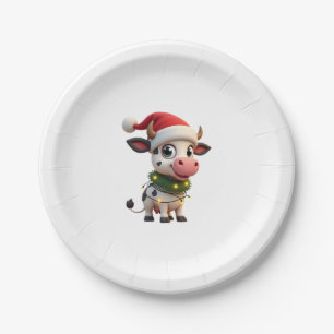 Merry Christmas Cow Santa Christmas Lights Cow Xma Paper Plate