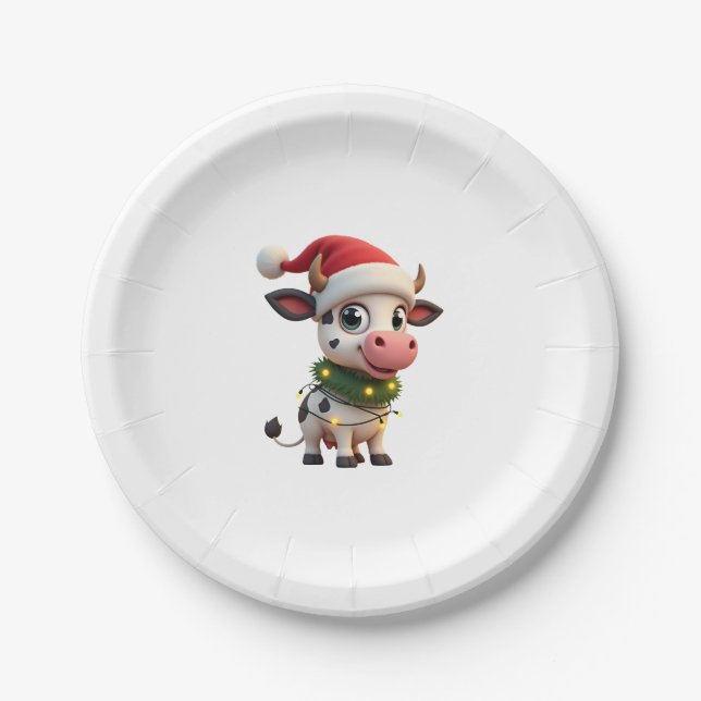 Merry Christmas Cow Santa Christmas Lights Cow Xma Paper Plate (Front)