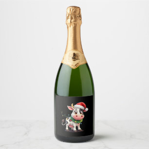 Merry Christmas Cow Santa Christmas Lights Cow Xma Sparkling Wine Label