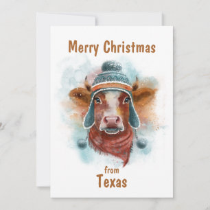 Merry Christmas Cow With Toboggan  Holiday Card