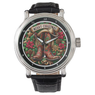 Merry Christmas Cowboy Boots on a Decorative Dial Watch