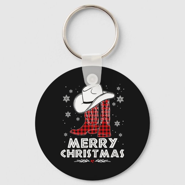 Merry Christmas Cowboy Boots Red Buffalo Plaid Wes Keychain (Front)