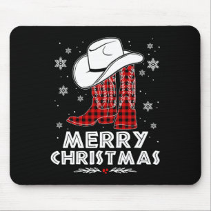 Merry Christmas Cowboy Boots Red Buffalo Plaid Wes Mouse Pad