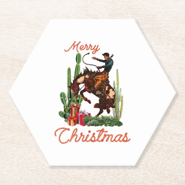 Merry Christmas Cowboy Paper Coaster (Front)