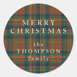 Merry Christmas Cozy Navy and Orange Plaid Flannel Classic Round Sticker