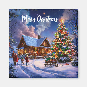 Merry Christmas Cozy Snowy Cabin in the Forest Magnet