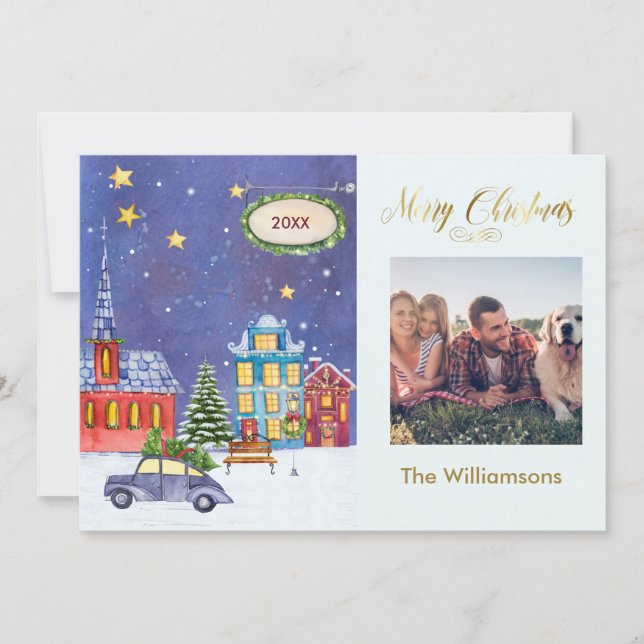 Merry Christmas Cozy Village Scene Photo Christmas Card (Front)