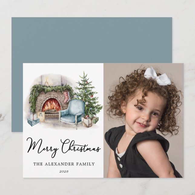 Merry Christmas Cozy Watercolor Home Photo Holiday (Front/Back)