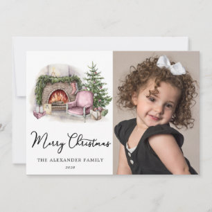 Merry Christmas Cozy Watercolor Home Photo Holiday Card