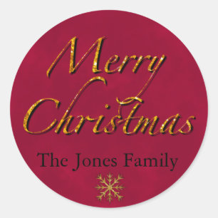 Merry Christmas, cranberry gold elegant calligraph Classic Round Sticker