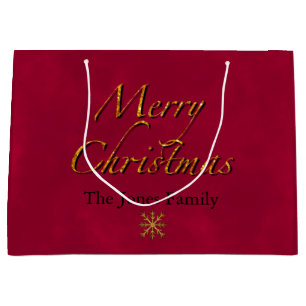 Merry Christmas, cranberry gold elegant calligraph Large Gift Bag