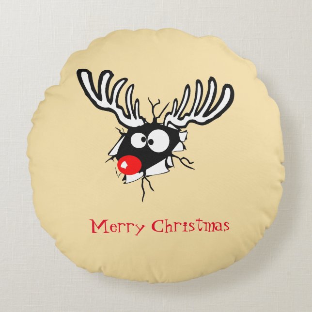 Merry Christmas! Crazy Red Nosed Reindeer Round Pillow (Front)
