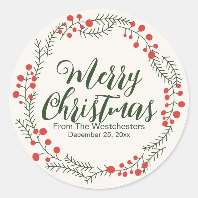 Merry Christmas cream green script rustic wreath Classic Round Sticker (Front)