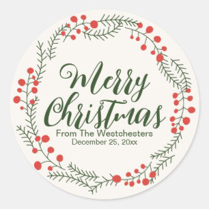 Merry Christmas cream green script rustic wreath Classic Round Sticker
