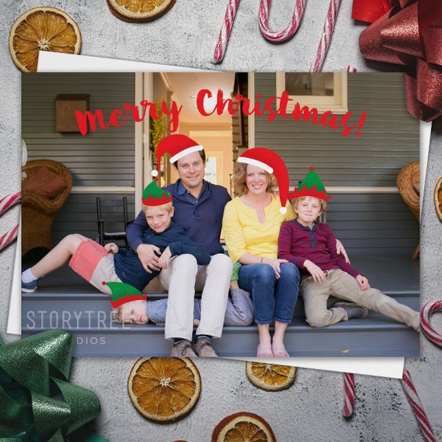 Merry Christmas Crew with Moveable Hats Photo Holiday Card (movable Santa and elf hats on this fun family photo Christmas card)
