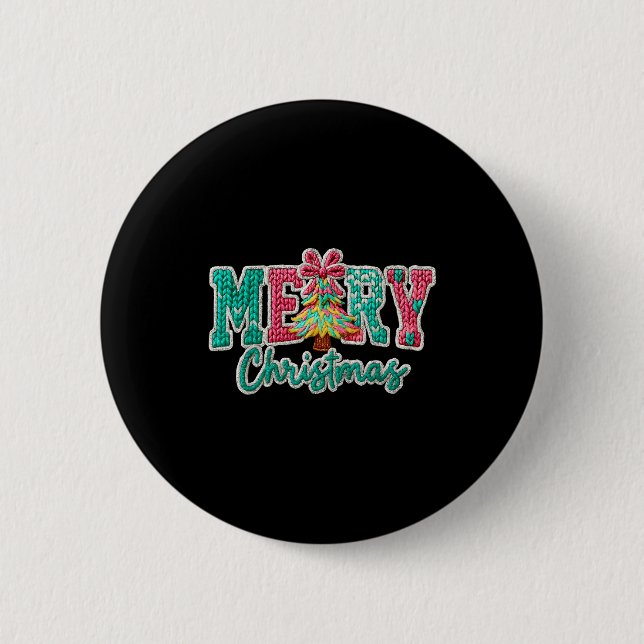 Merry Christmas Crochet Xmas Tree Pajamas Holiday  2 Inch Round Button (Front)